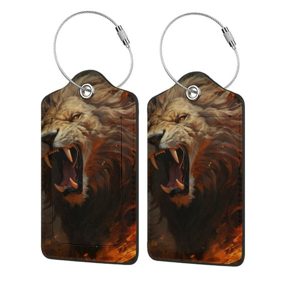 Hirioo Cool Flame Lion A Print Leather Luggage Tag with Stainless Steel Loop ,Privacy Flap and Address Card for Travel Bag Suitcase-2 PCS