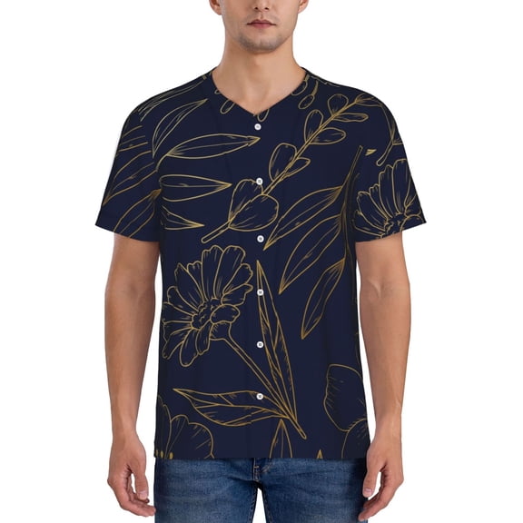 Hirioo Copper-Gold Gloss Outline Flower for Men's Baseball T-shirt Shirts Short Sleeve Casual Summer Button Stretch T Shirts,Size S-4XL-X-Large