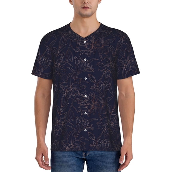 Hirioo Copper-Gold Gloss Outline Flower1 for Men's Baseball T-shirt Shirts Short Sleeve Casual Summer Button Stretch T Shirts,Size S-4XL-XX-Large