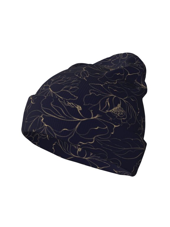 Copper-Gold Gloss Outline Peony for Men's Knit Cuffed Beanie for Outdoor Activities Unisex