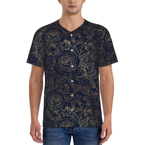 Hirioo Copper-Gold Gloss Outline Rose for Men's Baseball T-shirt Shirts Short Sleeve Casual Summer Button Stretch T Shirts,Size S-4XL-Large