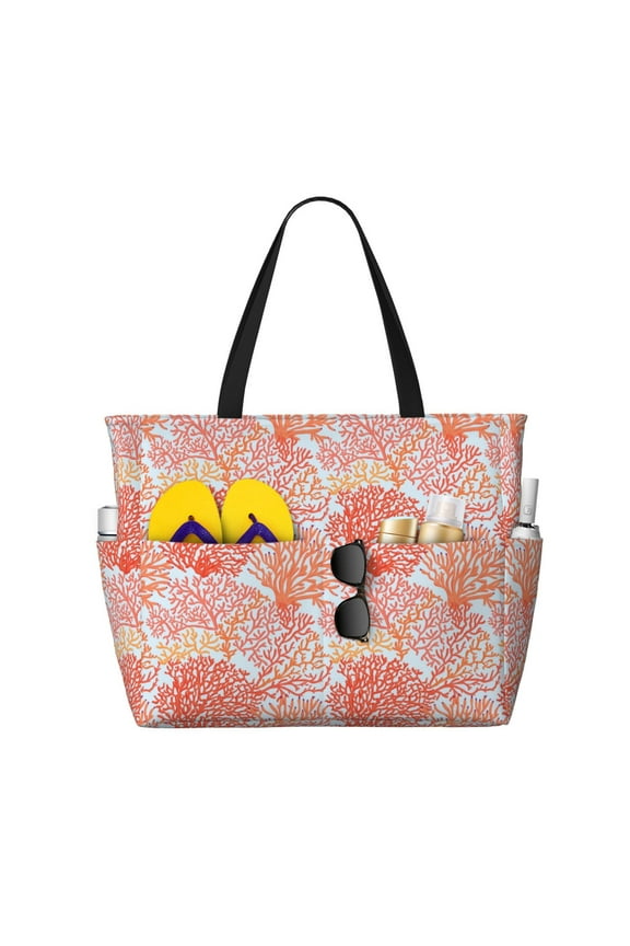 Corals for Large Capacity Beach Travel Bag for Women Men Foldable Beach Bags, Ideal for Travel, Beach, Pool, Picnic, and Family Outings
