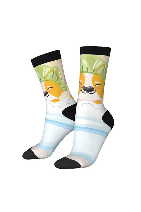 Corgi In The Shower Cap Bathing Pattern Adult Middle Tube Socks Breathable Sock Non-Pilling,Contrasting Color Design