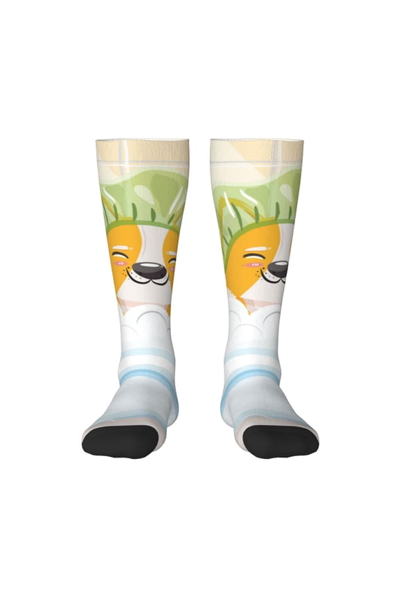 Corgi In The Shower Cap Bathing for Adult Stockings Breathable Sock Non-Pilling,Contrasting Color Design