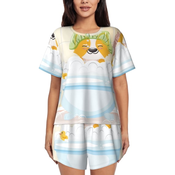 Hirioo Corgi In The Shower Cap Bathing for Women's 2 Piece Short-Sleeved Pajama PJ Sets for Women Shorts with Pockets Womens Lounge Set-Small
