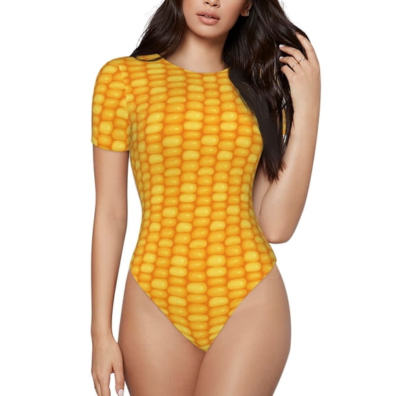 Hirioo Corn Kernels for Women's Round Neck Short-sleeved Onesie Basic Bodysuits-X-Large