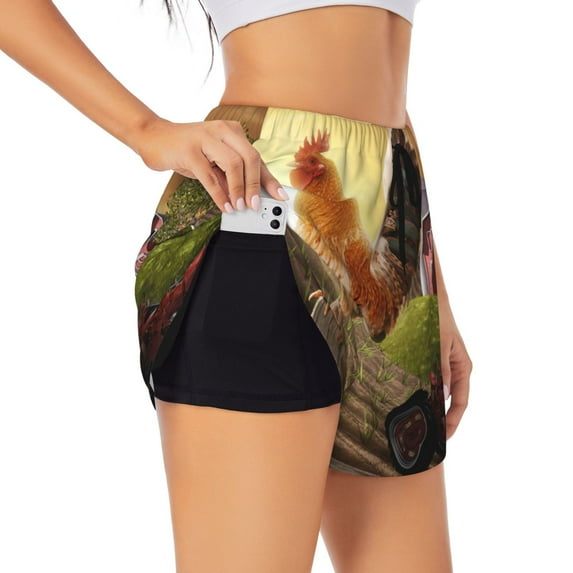 Hirioo Country Farm Morning Rooster for Women's Double Layer Athletic Shorts High-Performance Gym Shorts with Inner Pocket, Elastic Waistband-X-Large