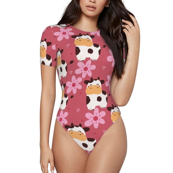 Hirioo Cow And Flower for Women's Round Neck Short-sleeved Onesie Basic Bodysuits-Medium