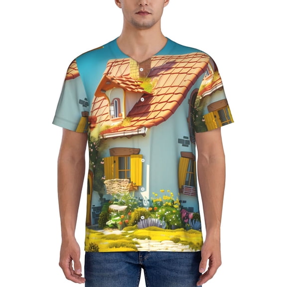 Hirioo Cozy Cartoon Backyard for Men's Baseball T-shirt Shirts Short Sleeve Casual Summer Button Stretch T Shirts,Size S-4XL-4X-Large