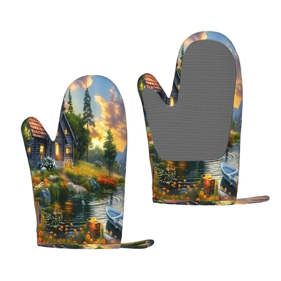 Hirioo Cozy Cottage Lakeside Sunset for Silicone Oven Mitts for BBQ, Baking, Cooking, Set of 2, Heat Resistant 260, Non-Slip Kitchen Essentials