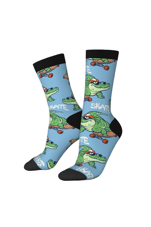 Crocodile Riding Skateboard Pattern Adult Middle Tube Socks Breathable Sock Non-Pilling,Contrasting Color Design
