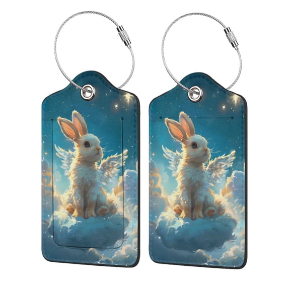 Hirioo Cute Angel Winged Rabbit Print Leather Luggage Tag with Stainless Steel Loop ,Privacy Flap and Address Card for Travel Bag Suitcase-2 PCS
