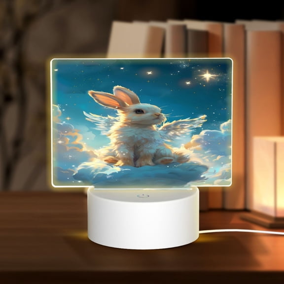Hirioo Cute Angel Winged Rabbit for Rectangular Acrylic with Night Light Best Gifts for Lover Girl Mom, Valentine's Day Anniversary Birthday Wedding Present