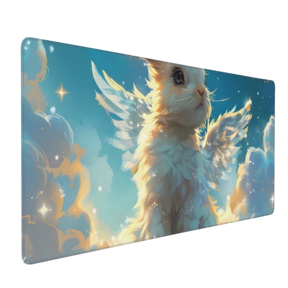 Hirioo Cute Angel Winged Rabbit for Mouse Pad ,Anti-Slip Base, Durable Stitched Edges, Perfect for Gaming, Office, and Home Use,16x35.5in