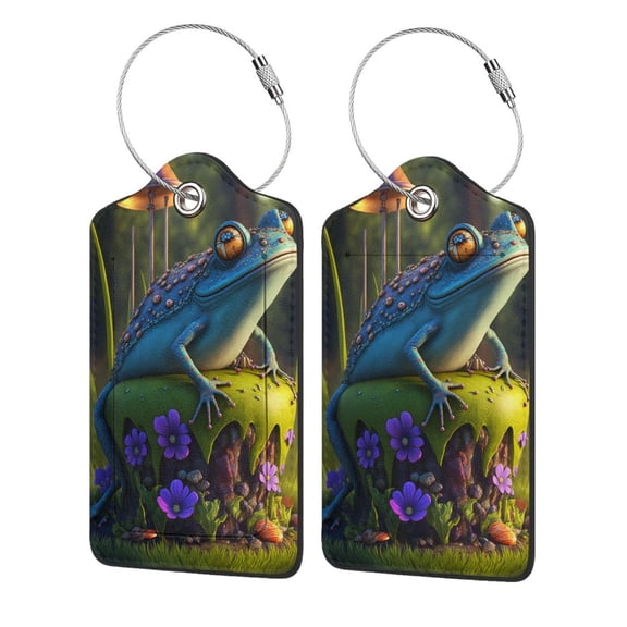 Hirioo Cute Blue Frog Print Leather Luggage Tag with Stainless Steel Loop ,Privacy Flap and Address Card for Travel Bag Suitcase-4 PCS