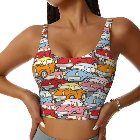 Hirioo Cute Cars for Women's Sports Vest with Full-Print Design, Stretchy Fabric and Removable Pads-Large