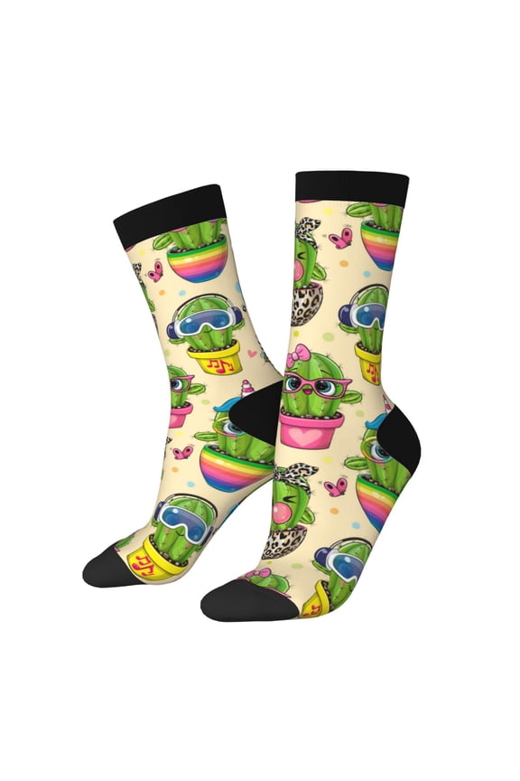 Cute Cartoon Cactus Pattern Adult Middle Tube Socks Breathable Sock Non-Pilling,Contrasting Color Design