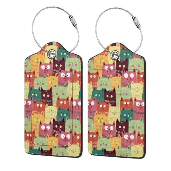 Hirioo Cute Cartoon Cat Print Leather Luggage Tag with Stainless Steel Loop ,Privacy Flap and Address Card for Travel Bag Suitcase-1