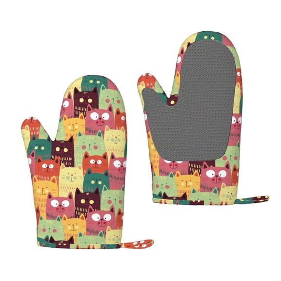 Hirioo Cute Cartoon Cat for Silicone Oven Mitts for BBQ, Baking, Cooking, Set of 2, Heat Resistant 260, Non-Slip Kitchen Essentials