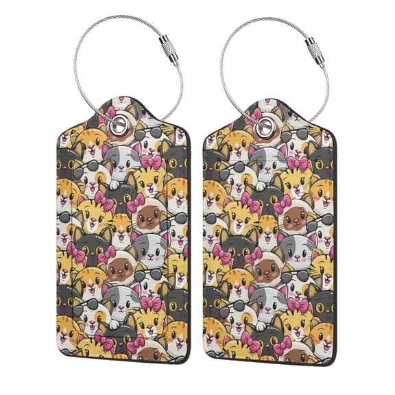 Hirioo Cute Cat Print Leather Luggage Tag with Stainless Steel Loop ,Privacy Flap and Address Card for Travel Bag Suitcase-2 PCS