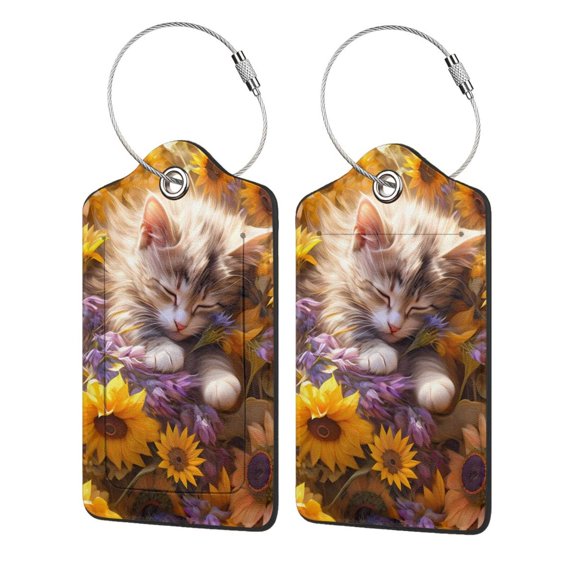 Hirioo Cute Cat Sunflower Print Leather Luggage Tag with Stainless Steel Loop ,Privacy Flap and Address Card for Travel Bag Suitcase-4 PCS