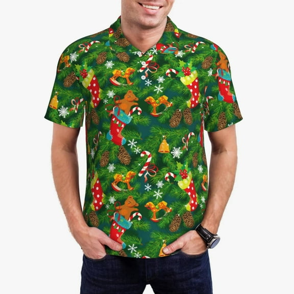 Hirioo Cute Christmas Stocking Bear for Men’s Polo Shirts Quick Dry Short Sleeve Golf T Shirt Performance Moisture Wicking Casual Workout,Sizes S-4XL-Medium