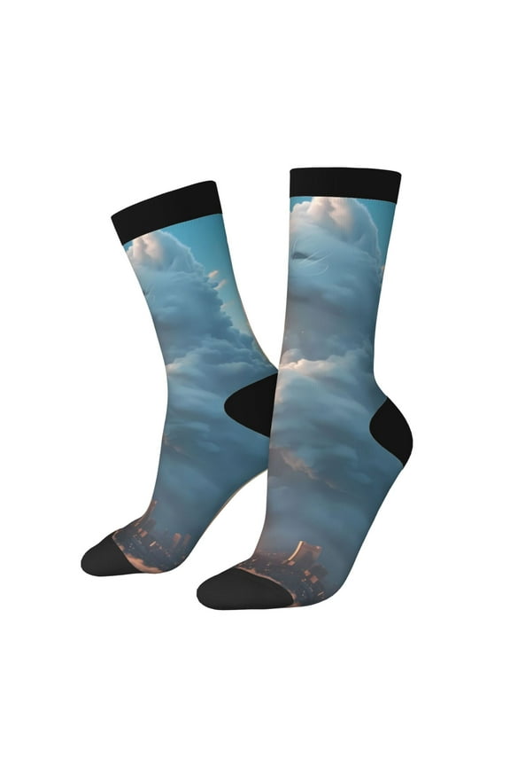 Cute Cloud Cat Pattern Adult Middle Tube Socks Breathable Sock Non-Pilling,Contrasting Color Design