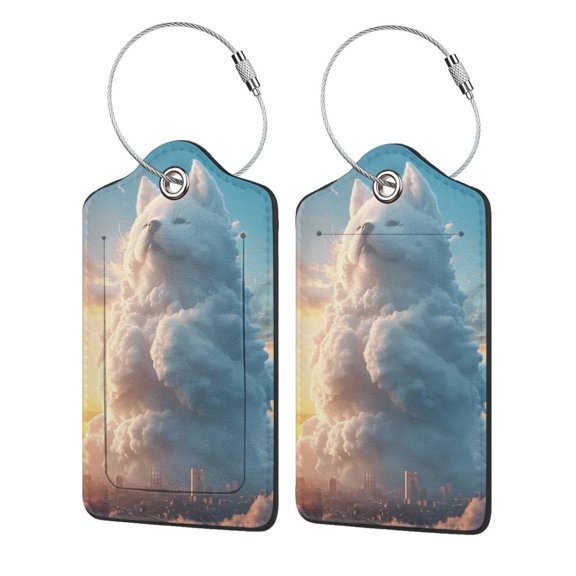 Hirioo Cute Cloud Cat Print Leather Luggage Tag with Stainless Steel Loop ,Privacy Flap and Address Card for Travel Bag Suitcase-2 PCS