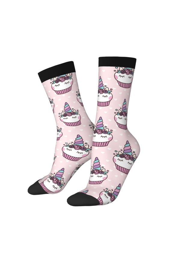 Cute Cupcake Pattern Adult Middle Tube Socks Breathable Sock Non-Pilling,Contrasting Color Design