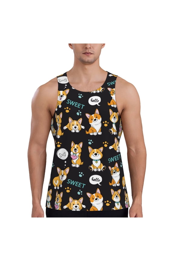Cute Dogs Corgi for Men's Workout Tank Top Sleeveless Shirts Quick Dry for Men-Small