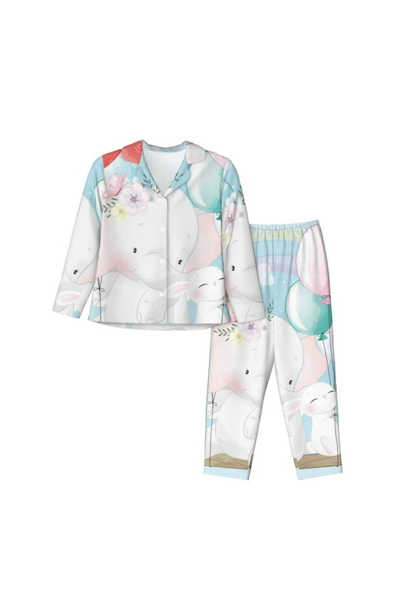 Cute Elephant for Women's Pajama Sets 2 Piece Pjs Women's Long-Sleeved Pajama Set Button Down Sleepwear,S-XXL-Small