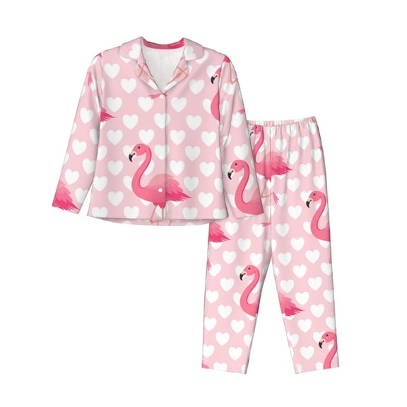 Hirioo Cute Flamingo with Heart for Women's Pajama Sets 2 Piece Pjs Women's Long-Sleeved Pajama Set Button Down Sleepwear,S-XXL-Large