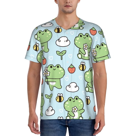 Hirioo Cute Floral Frog for Men's Baseball T-shirt Shirts Short Sleeve Casual Summer Button Stretch T Shirts,Size S-4XL-XX-Large