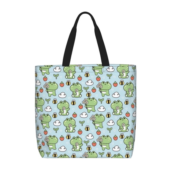 Hirioo Cute Floral Frog for Tote Bag for Women, Quilted Shoulder Bag with Zipper, Large Capacity Handbags for Casual, Travel, Work