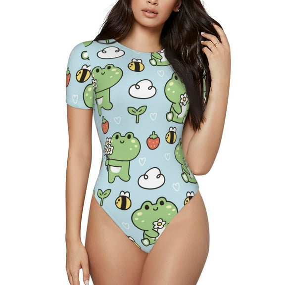 Hirioo Cute Floral Frog for Women's Round Neck Short-sleeved Onesie Basic Bodysuits-Small