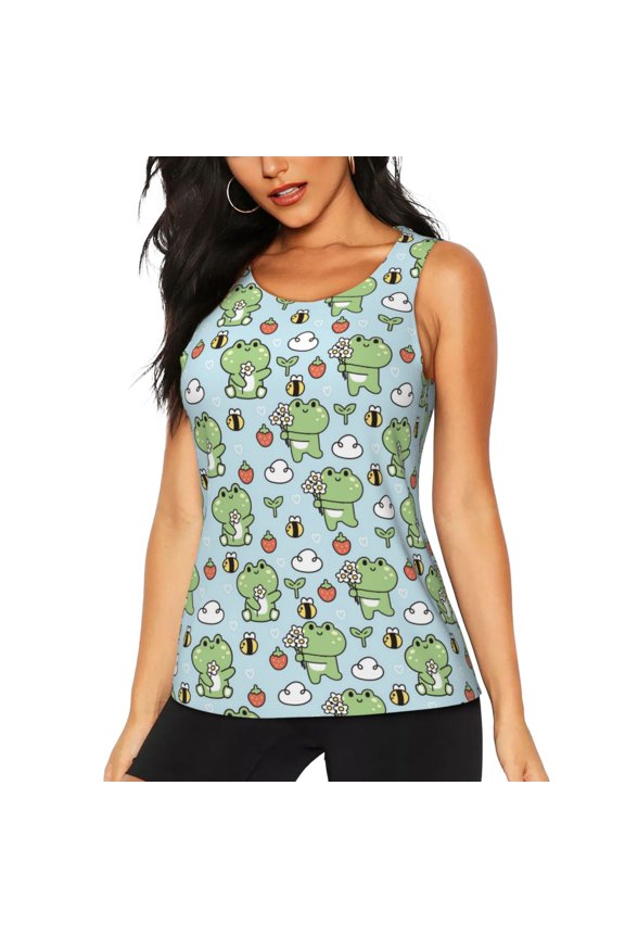 Cute Floral Frog for Women's Workout Tank Top Sleeveless Workout Tops Athletic Gym Shirts-Small