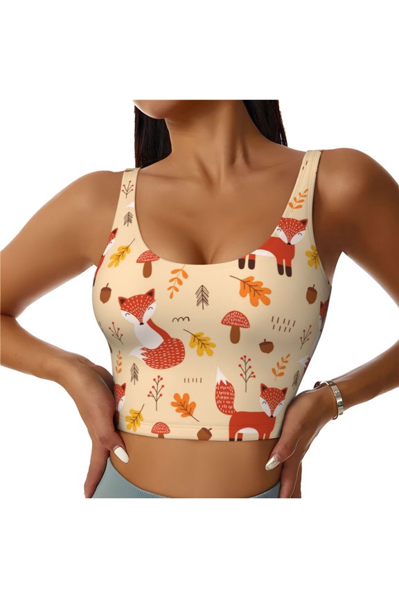 Cute Foxes for Women's Sports Vest with Full-Print Design, Stretchy Fabric and Removable Pads-Large