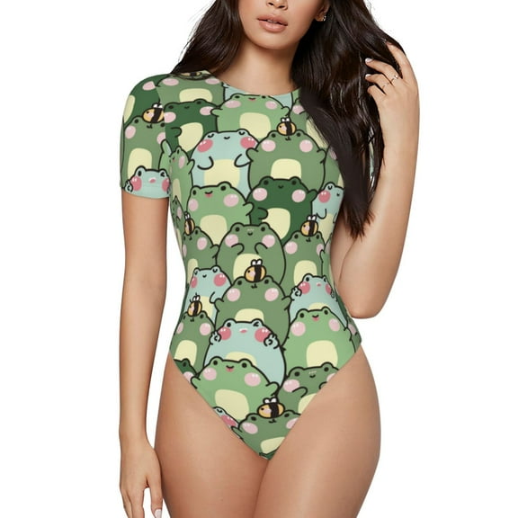 Hirioo Cute Frog for Women's Round Neck Short-sleeved Onesie Basic Bodysuits-Large