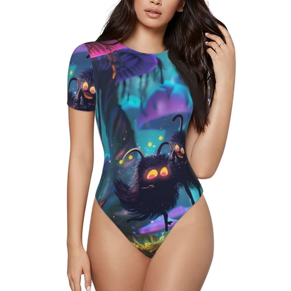 Hirioo Cute Fuzzy Fantasy Creatures for Women's Round Neck Short-sleeved Onesie Basic Bodysuits-Medium