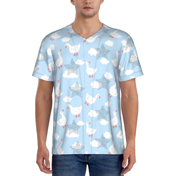 Hirioo Cute Goose On A Blue Sky for Men's Baseball T-shirt Shirts Short Sleeve Casual Summer Button Stretch T Shirts,Size S-4XL-