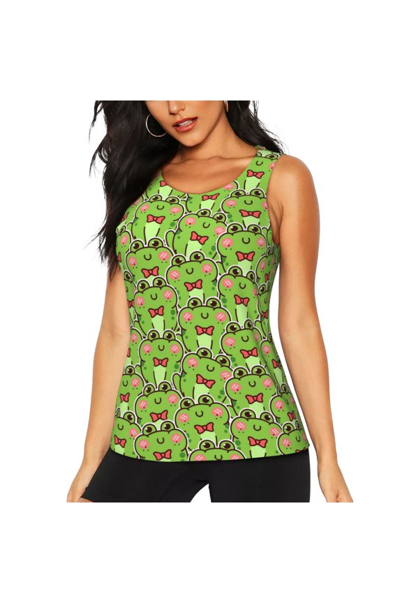 Cute Green Frog for Women's Workout Tank Top Sleeveless Workout Tops Athletic Gym Shirts-Large