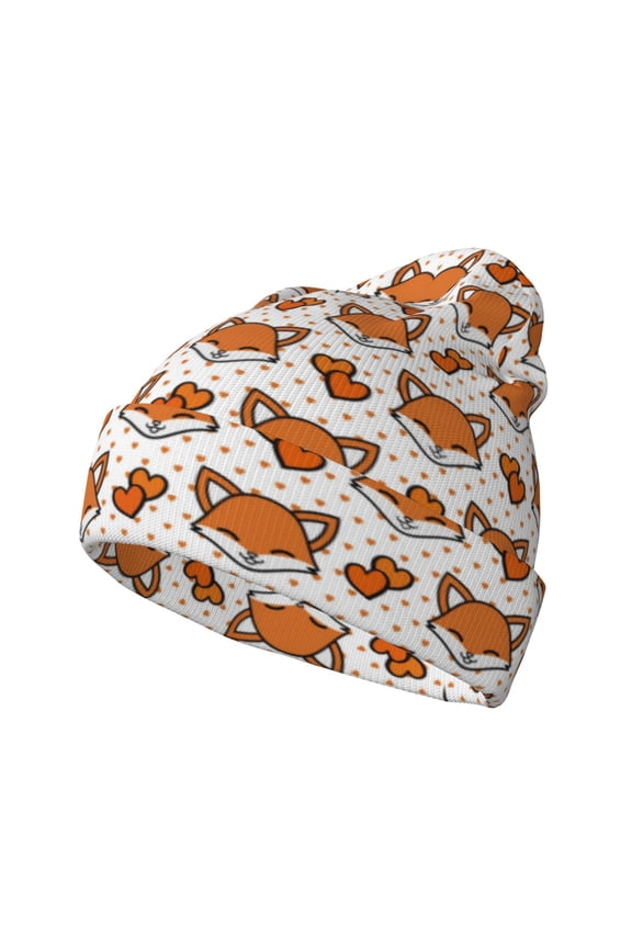 Cute Heart Fox Cartoon for Men's Knit Cuffed Beanie for Outdoor Activities Unisex