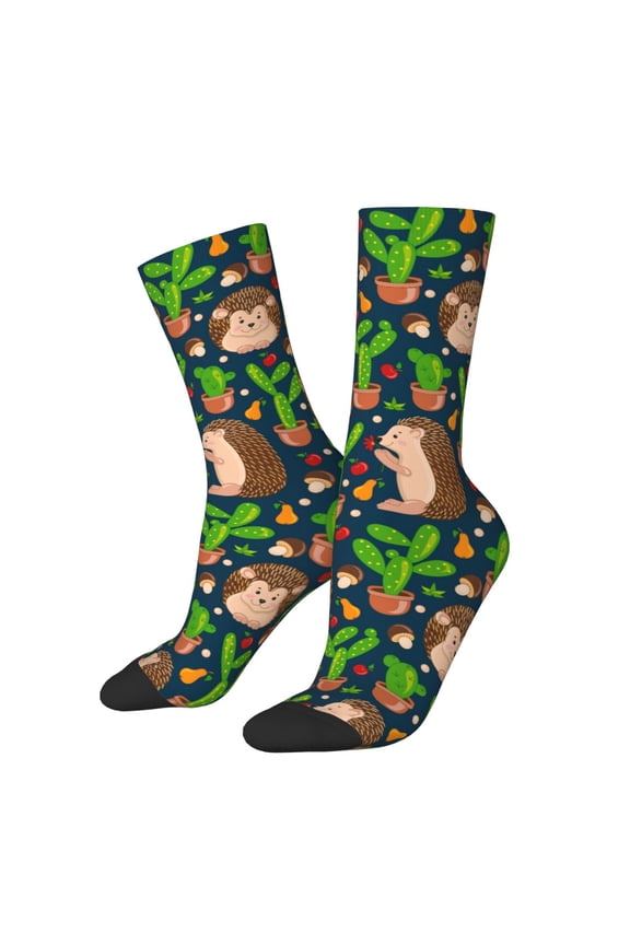 Cute Hedgehogs Cactus Blue Pattern Adult Middle Tube Socks Breathable Sock Non-Pilling,Contrasting Color Design