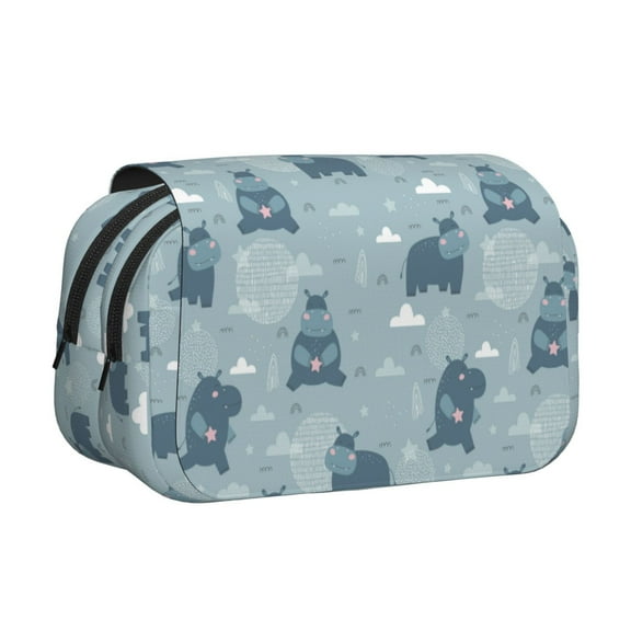 Hirioo Cute Hippopotamus for Large Grid Mesh Pencil Case with Zipper Stationery Organizer Case