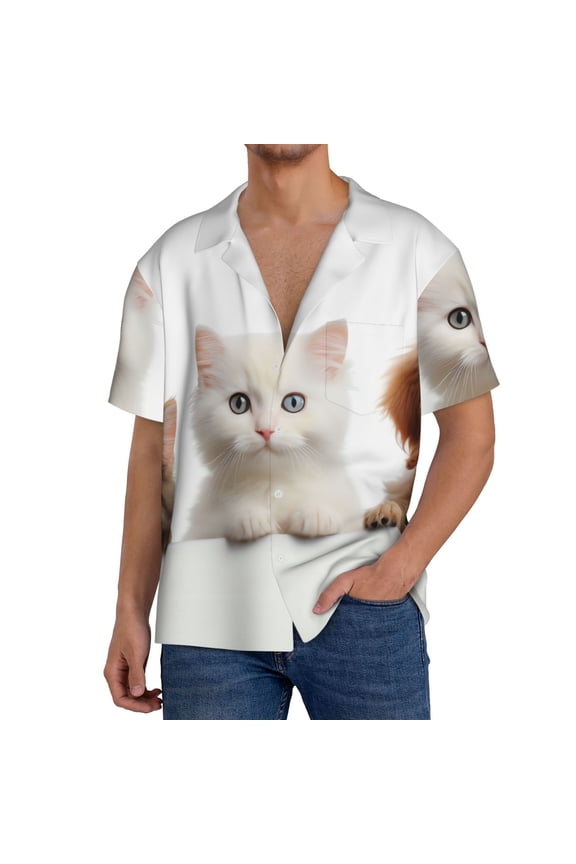 Cute Kittens And Puppy for Men's Cuban Collar Short Sleeve Shirt Button Down Shirt Beach Summer Shirts Wedding Vacation Shirts-X-Large