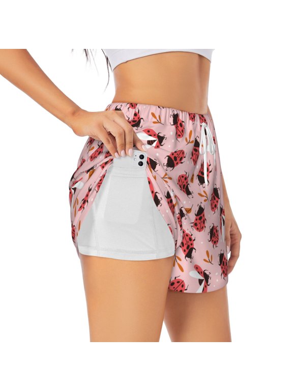 Cute Ladybugs 1 for Women's Double Layer Athletic Shorts High-Performance Gym Shorts with Inner Pocket, Elastic Waistband-X-Large