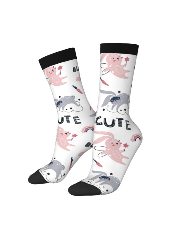 Cute Magic Bunny Pattern Adult Middle Tube Socks Breathable Sock Non-Pilling,Contrasting Color Design