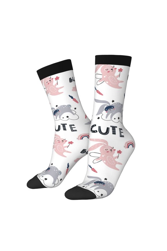 Cute Magic Bunny Pattern Adult Middle Tube Socks Breathable Sock Non-Pilling,Contrasting Color Design