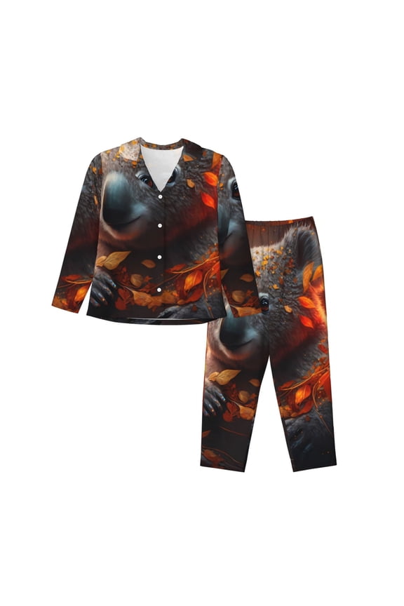 Cute Maple Leaf Koala for Women's Pajama Sets 2 Piece Pjs Women's Long-Sleeved Pajama Set Button Down Sleepwear,S-XXL-Medium