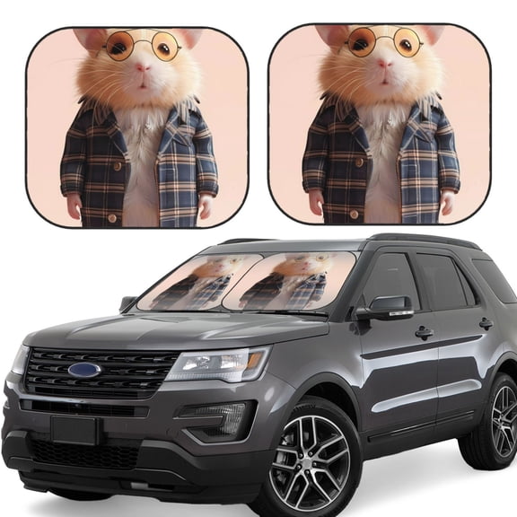 Hirioo Cute Mouse In Glasses for 2PCS Windshield Sun Shade Foldable | Front Windshield Shade for Sun, Heat and UV Rays-Small